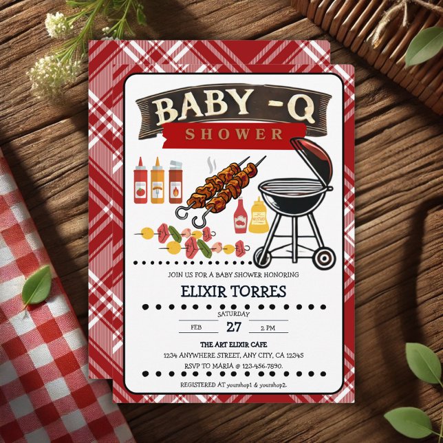 Baby-Q Checkered Red & Black Grill Baby Dusche Einladung (Von Creator hochgeladen)