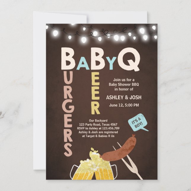 Baby Q Einladung Coed GRILLEN Baby Shower Rustic B (Vorderseite)