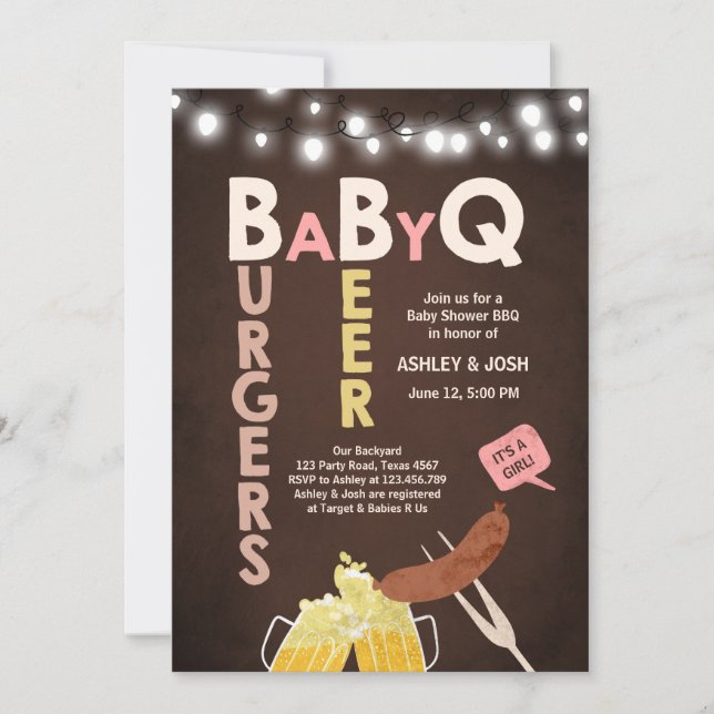 Baby Q Einladung Coed GRILLEN Baby Shower Rustic G (Vorderseite)