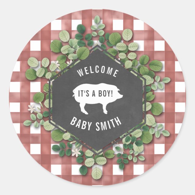 Baby q Gingham Botanical Pig Baby Shower Runder Aufkleber (Vorderseite)