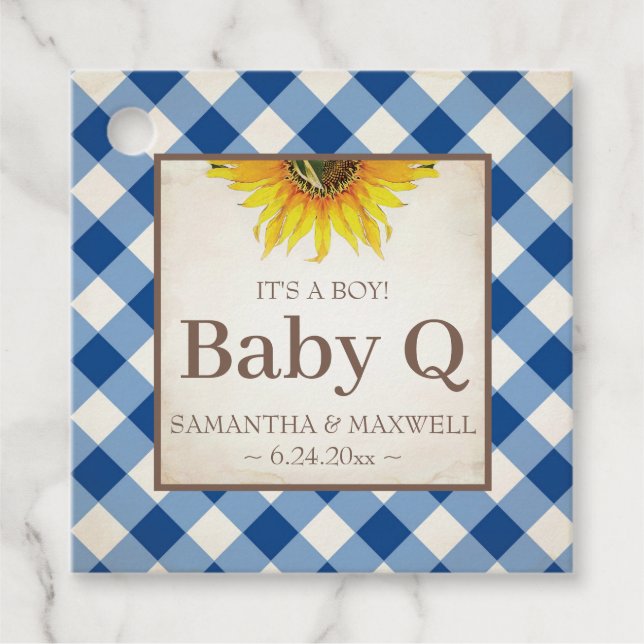 Baby Q Gingham und Sunflower Danke Blue Geschenkanhänger (Vorderseite)