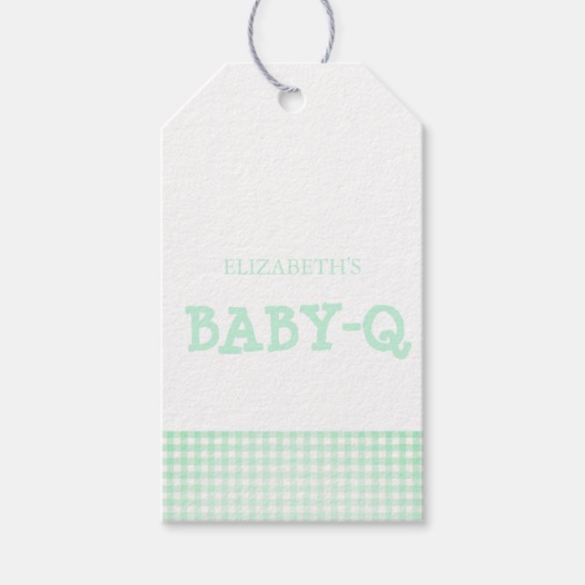 Baby-Q Mint Green Gingham Baby Shower Geschenkanhänger (Vorderseite)