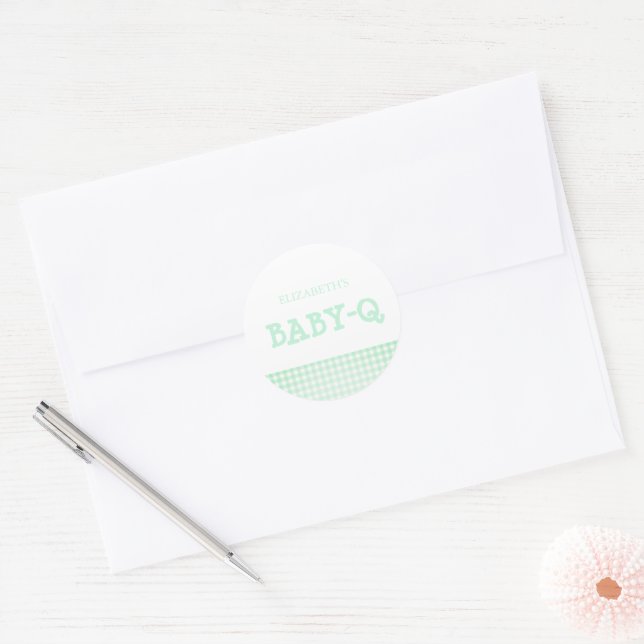 Baby-Q Mint Green Gingham Baby Shower Runder Aufkleber (Umschlag)