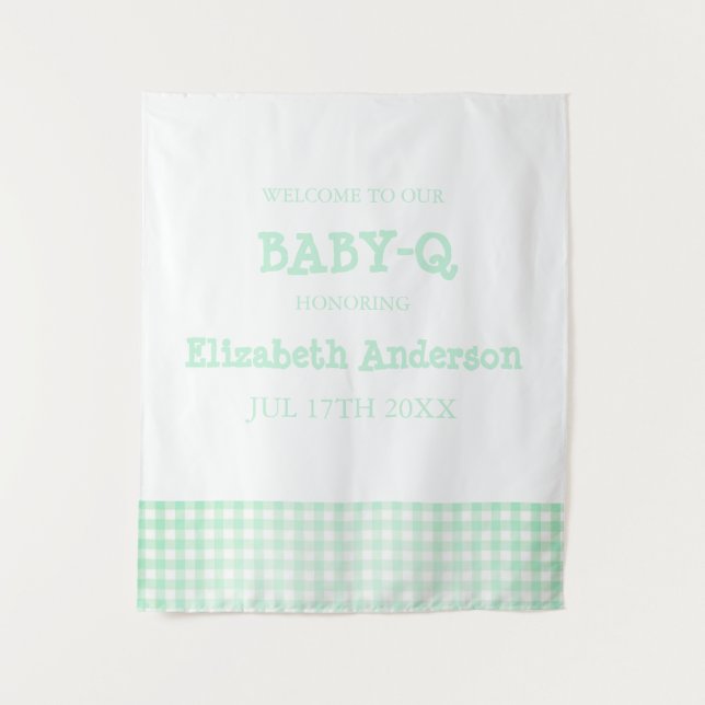 Baby-Q Mint Green Gingham Baby Shower Wandteppich (Vorderseite)