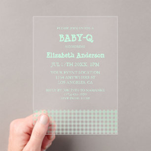 Baby-Q Mintgrün Gingham-Baby-Party Acryleinladungen