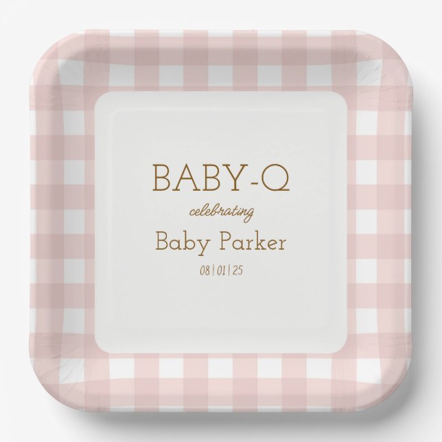 Baby-Q-Platte mit rosa Gingham-Muster, quadratisch Pappteller (Vorderseite)