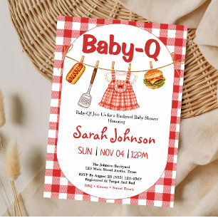 Baby-Q Rot kariert Wäscheleine Mädchen Baby Shower Einladung