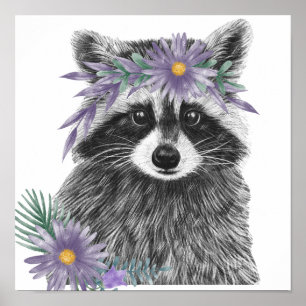 Baby Raccoon Floral Kinderzimmer Print Raccoon P Poster