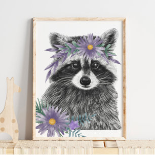 Baby Raccoon Floral Kinderzimmer Print   Raccoon P Poster
