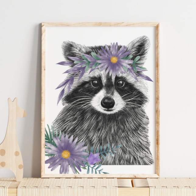 Baby Raccoon Floral Kinderzimmer Print | Raccoon P Poster (Baby Raccoon Floral Nursery Print | Raccoon Print by TinkPrints)
