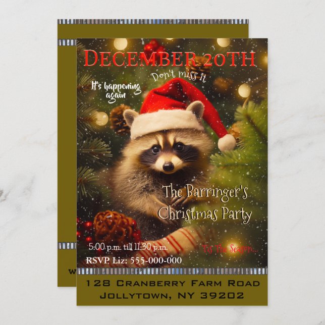 Baby Raccoon Santa's Weihnachtsfeiertag Party Einladung (Vorne/Hinten)