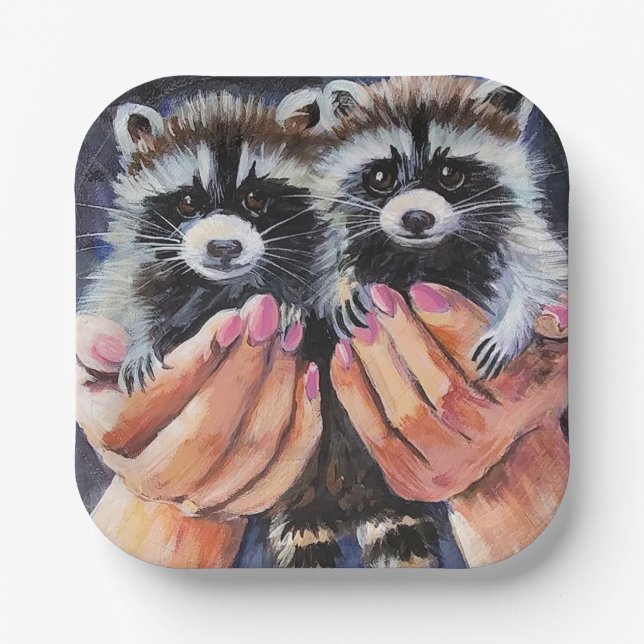 Baby Raccoons in Handpapier-Tellern Pappteller (Vorderseite)