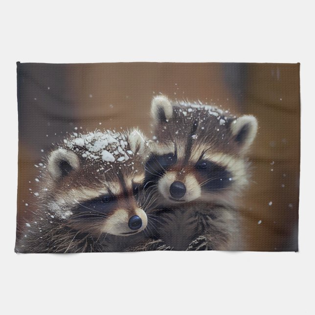 Baby-Raccoons stürzen sich im sinkenden Schnee Geschirrtuch (Horizontal)