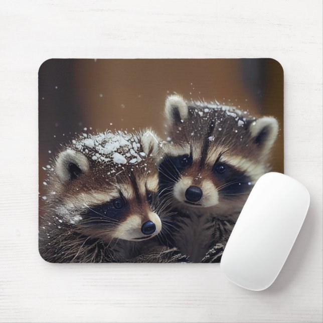 Baby-Raccoons stürzen sich im sinkenden Schnee Mousepad (Mit Mouse)