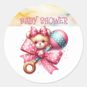 Baby-Rassel mit rosa Schleife Baby Shower Runder Aufkleber
