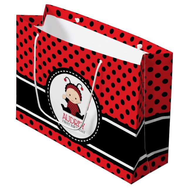 Baby Red Ladybug First Birthday Baby Shower Große Geschenktüte (Vorderseite Schrägansicht)