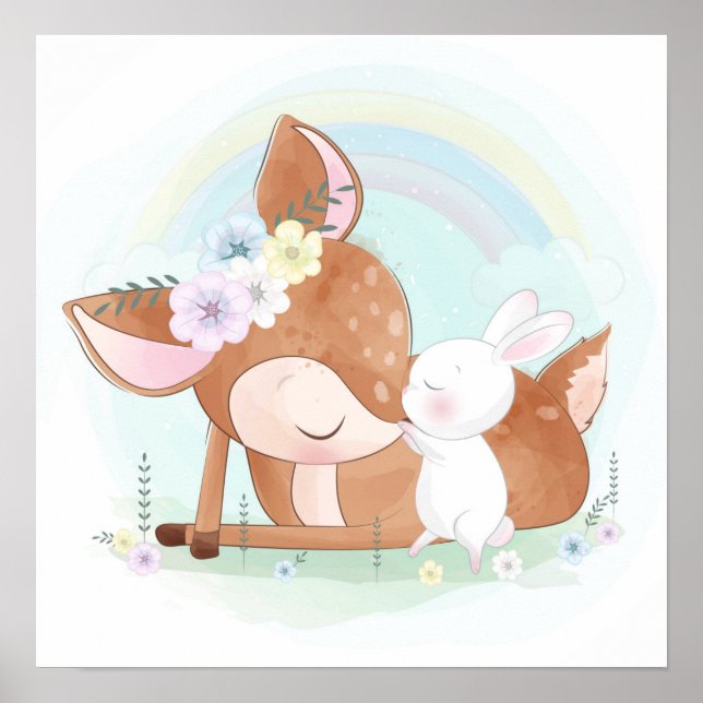 Baby Reh mit Baby-Hasen Poster (Vorne)