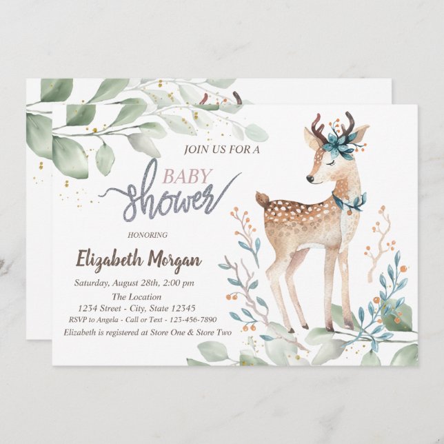 Baby Reindeer Blätter Baby Shower Einladung (Vorne/Hinten)