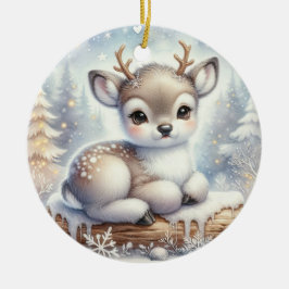 Baby Reindeer on Snowy Log Keramik Ornament