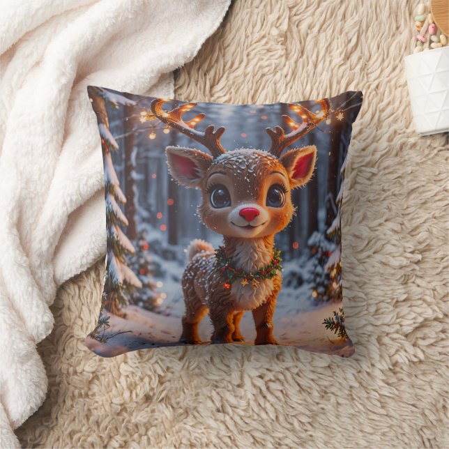 Baby Rentier im Schneewald Kissen