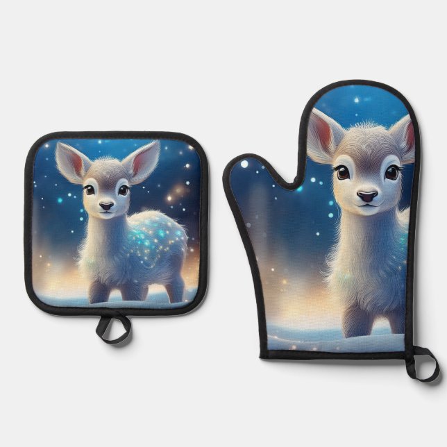 Baby Rentier Sparkling Starry Night Ofenhandschuh & Topflappen-Set (Vorderseite)
