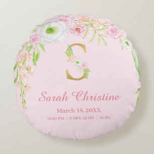 Baby Rosa Gold Monogramm "S" Baby Mädchen Statisti Rundes Kissen
