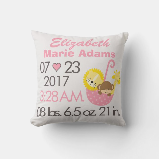 Baby-rosa TierTupfen-Geburts-Datum/Uhrzeit Kissen (Vorderseite)