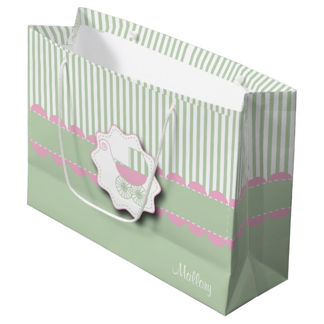 Baby-Rosa-und Grün-Buggy - Baby-Mädchen-Dusche Große Geschenktüte (Vorderseite Schrägansicht)