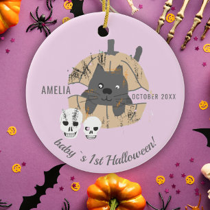 Baby`s 1. Halloween Rosa Katze Kürbis Totenkopf  Keramik Ornament