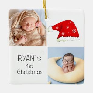 Baby`s 1. Weihnachten 2 Fotos Weihnachtsmannhut Sc Keramikornament