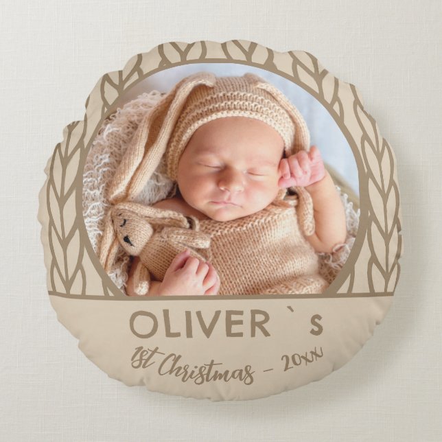 Baby`s 1st Christmas Knitting Photo  Rundes Kissen (Vorderseite)