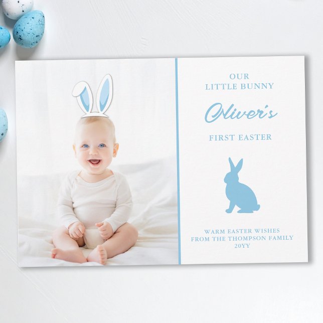 Baby’s 1st Easter Photo Card With Blue Bunny Ears Karte (Von Creator hochgeladen)