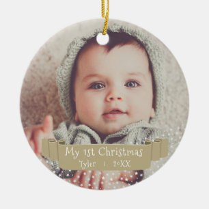 Baby`s erstes Weihnachten Goldenes Band Foto Keramik Ornament