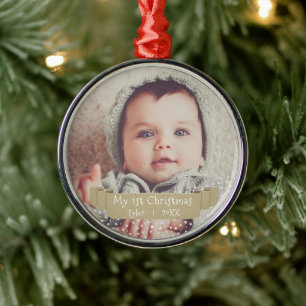 Baby`s erstes Weihnachten Goldenes Band Foto Ornament Aus Metall