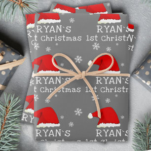 Baby`s erstes Weihnachten Graue Santa-Mütze Schnee Geschenkpapier Set