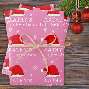 Baby`s erstes Weihnachten Rosa Santa Hut Schneeflo Geschenkpapier Set