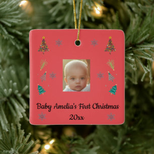 Baby’s erstes Weihnachten Roter Foto-Schmuck Keramikornament