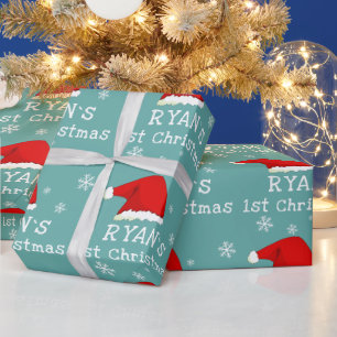 Baby`s erstes Weihnachten roter Santa-Hut Schneefl Geschenkpapier