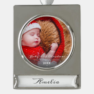Baby`s erstes Weihnachten Süße Schrift Foto-Orname Banner-Ornament Silber