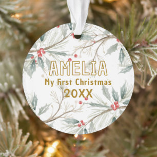 Baby`s erstes Weihnachtsfest Stechpalme Winterlaub Ornament