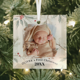 Baby`s erstes Weihnachtsfest Stechpalmen-Winterlau Ornament Aus Glas