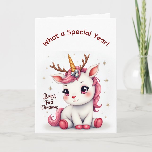 Baby’s First Christmas 2025 Unicorn Reindeer card Karte (Vorderseite)