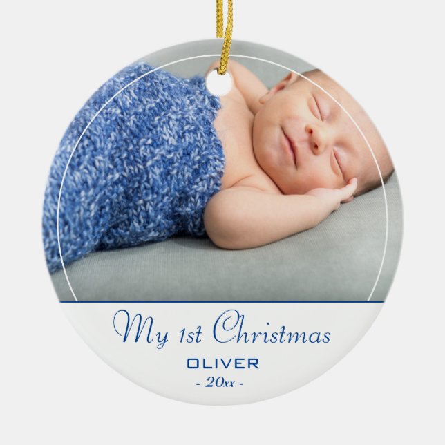 Baby`s First Christmas Blue Baby Boy Foto Keramik Ornament (Vorne)