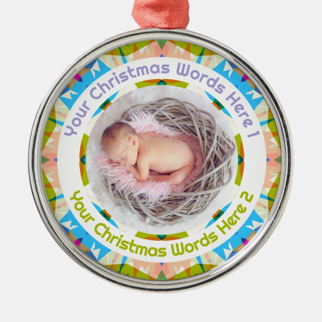 Baby’s First Christmas Blue Pink Green Photo Gift Ornament Aus Metall (Vorne)
