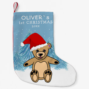 Baby`s First Christmas Blue Teddy Bär Sant Hat Kleiner Weihnachtsstrumpf