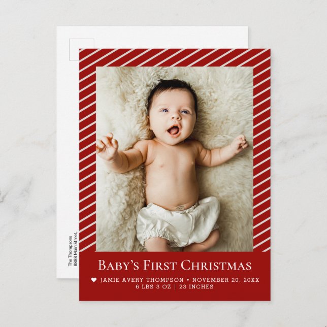 Baby’s First Christmas Custom Photo Birth Stat Postkarte (Vorne/Hinten)