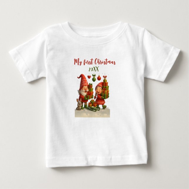 Baby’s First Christmas - Cute Holiday Gnomes Baby T-shirt (Vorderseite)