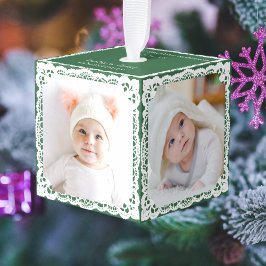 Baby’s First Christmas Forest Green Custom 4 Photo Würfelornament