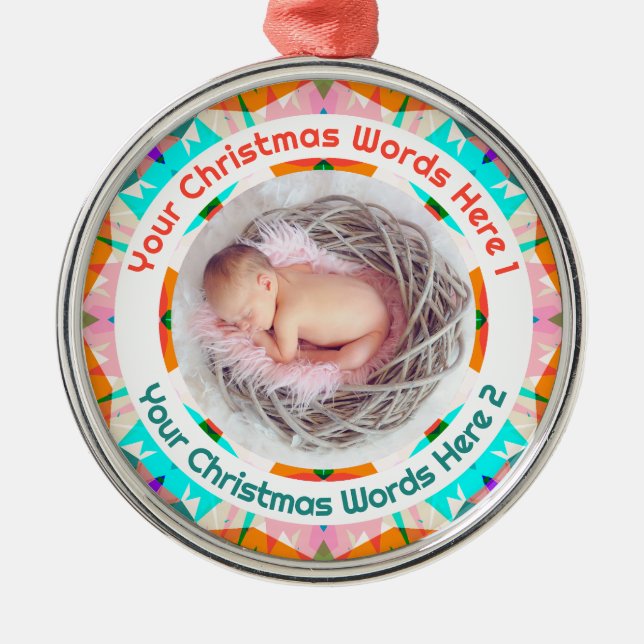 Baby’s First Christmas Orange Blue Pink Photo Gift Ornament Aus Metall (Vorne)