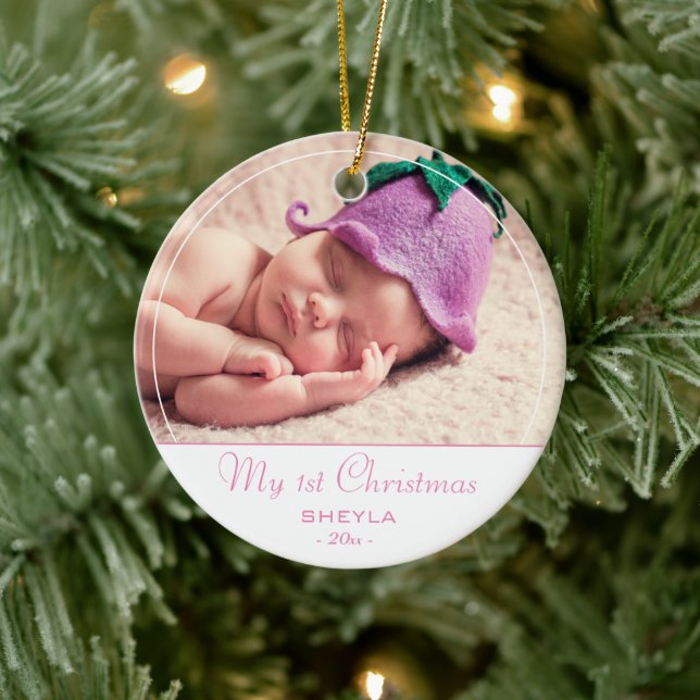 Baby`s First Christmas Pink Baby Girl Foto Keramik Ornament (Baum)